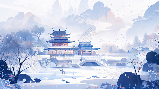 冬季冷色调边框冷色调冬天唯美的卡通古风建筑山水风景插画