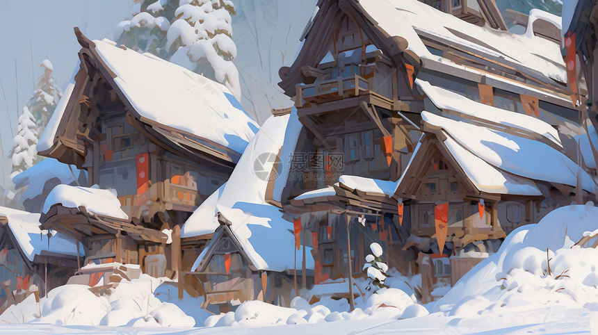 冬天被雪覆盖的可爱卡通小木屋图片