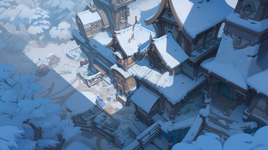 多层塔冬天雪后多层卡通木房子俯视角度插画