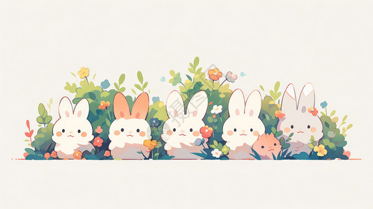 草丛中一排可爱的卡通小白兔插画