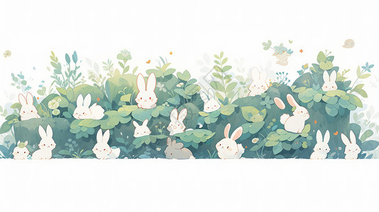 草丛中藏着很多只可爱的卡通小白兔图片