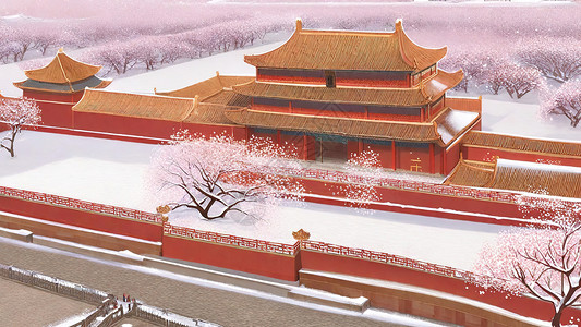 故宫古代建筑雪后的古城插画