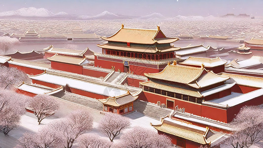 北京城冬天雪后古城美景插画