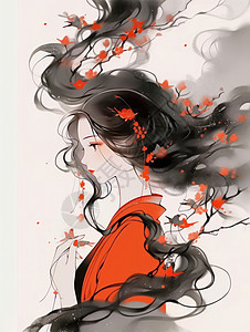 佩插茱萸头上有红色小花的漂亮长发中国风美女插画