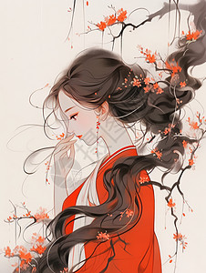 重阳节红色茱萸穿红色汉服水墨风古风装扮长发美女插画