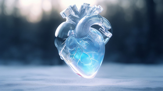 人工辅助心脏科技感蓝色透明的人工心脏插画