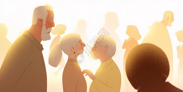 老人群在聚会上说话的卡通老人们插画