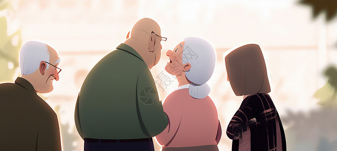 老年人聚会在公园里说话的卡通老年人插画