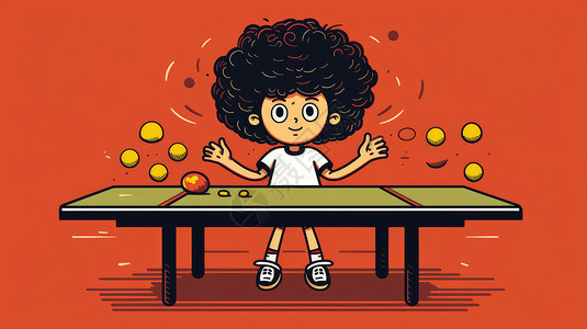 打乒乓球的男孩可爱调皮的简约卡通人物站在乒乓球台旁插画
