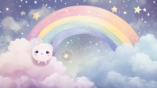 梦幻的卡通云朵上一道可爱的卡通小彩虹图片