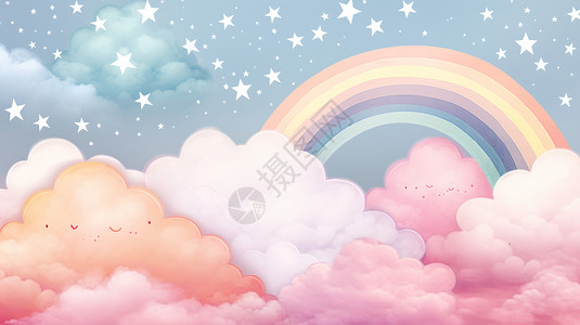 粉色云朵上一道彩色卡通彩虹背景图片
