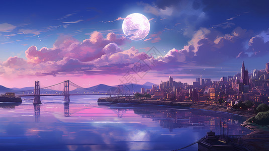 天上的月亮夜晚河畔一座复古卡通城市天上一轮明月插画