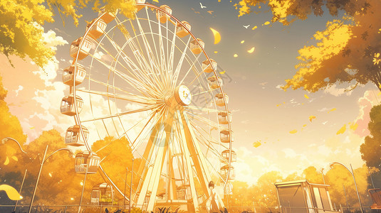 秋天在金黄色卡通森林中的摩天轮背景图片
