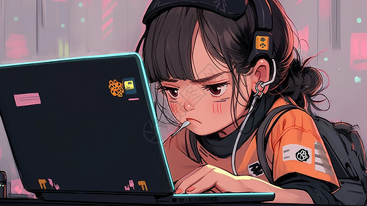生气看着电脑的卡通女孩背景图片