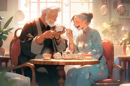 老人下午茶坐在餐桌旁喝下午茶的卡通老爷爷老奶奶插画