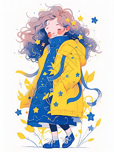 长款丝巾秋天穿黄色外套长款蓝色毛线衣卡通小女孩插画