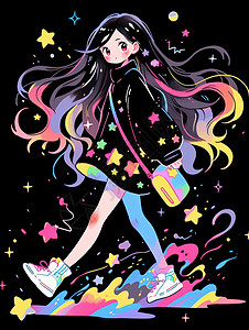 滑板走路看手机炫彩长发可爱的卡通小女孩在走路插画