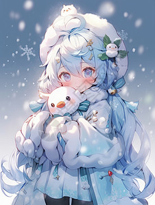 大雪中抱着宠物的卡通小女孩图片