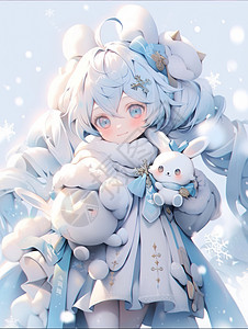 玩具小白兔大雪中抱着小白兔玩具的可爱卡通小女孩插画