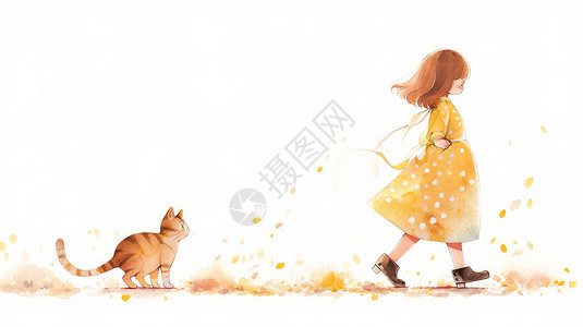 女孩在散步走路穿黄色长裙的可爱卡通小女孩后面跟着一只小猫插画