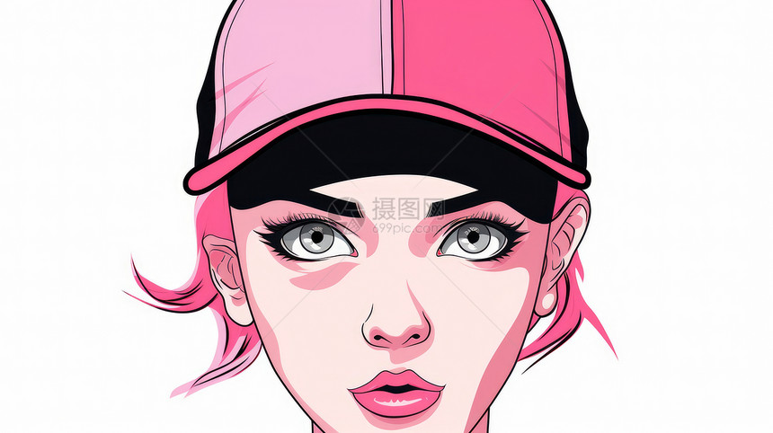 戴着粉色棒球帽时尚卡通女人面部特写图片