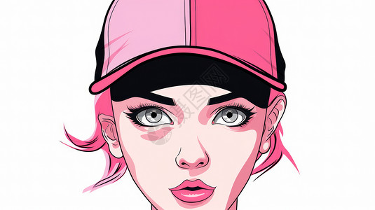 戴着粉色棒球帽时尚卡通女人面部特写背景图片