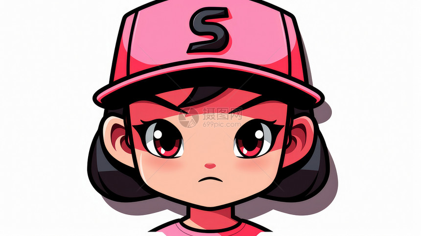 戴着粉色棒球帽的短发卡通女孩图片