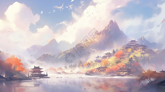 在湖畔美丽的卡通古风建筑山水画背景图片