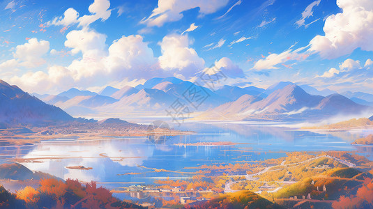 蓝天白云下美丽的湖泊与山川秋天卡通风景图片