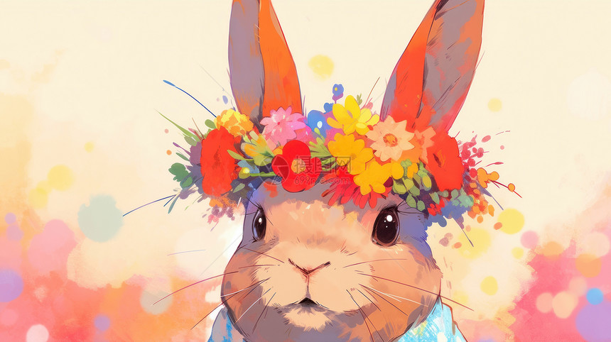 可爱的卡通小兔子头戴花朵图片