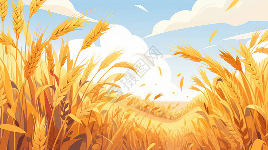 蓝天白云下一片丰收的卡通麦子地背景图片