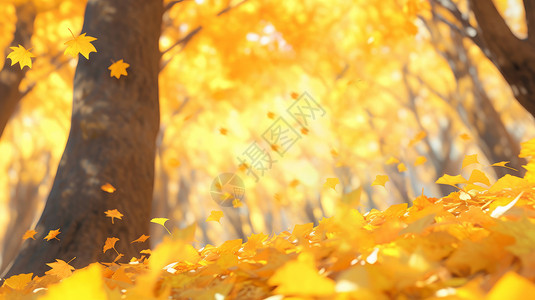 秋天唯美的卡通树林与落叶背景图片