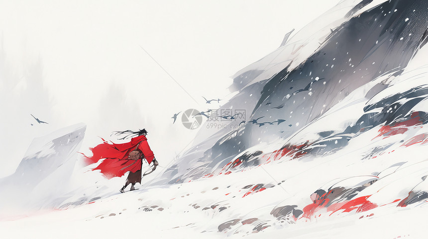 行走在大雪中山坡上的水墨风卡通人物图片