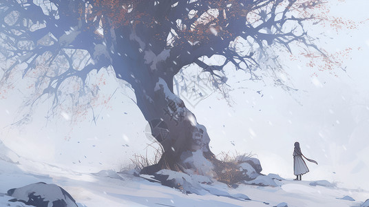 冬天大雪站在古树下一棵小小的卡通人物背景图片
