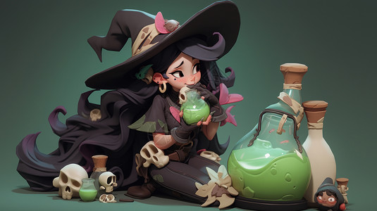 拿着笤帚的女巫拿着药水瓶戴着帽子的卡通小魔女插画
