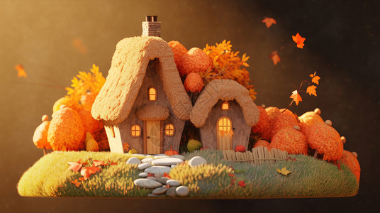 秋天在草地上的立体卡通小房子图片