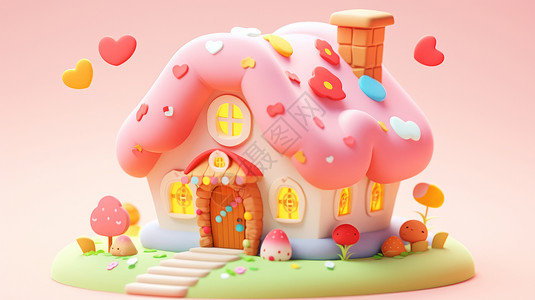 小物装饰素材粉色屋顶有小花装饰的立体卡通小房子插画