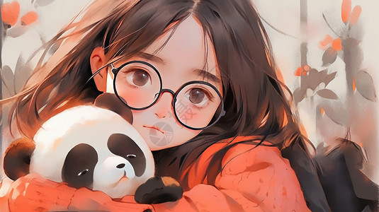 抱着熊猫的可爱卡通人小女孩图片