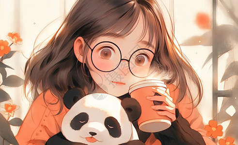 戴眼镜熊猫端着咖啡抱着熊猫玩具的可爱卡通小女孩插画