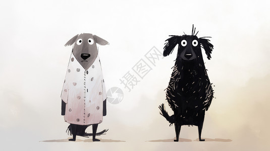 拟人化站立的两只可爱的卡通小狗高清图片