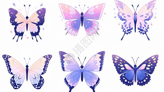 多种颜色各种漂亮的翅膀的卡通蝴蝶插画