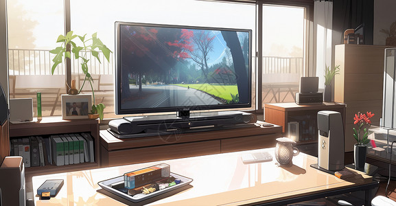 客厅在木桌上亮起的卡通电视背景图片