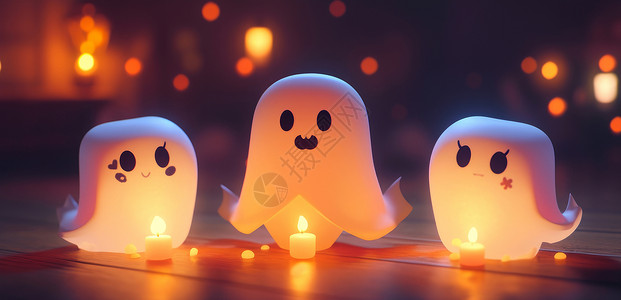 三个立体可爱的卡通幽灵在蜡烛旁图片