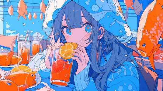正在喝饮料吃橙子片的可爱卡通小女孩高清图片