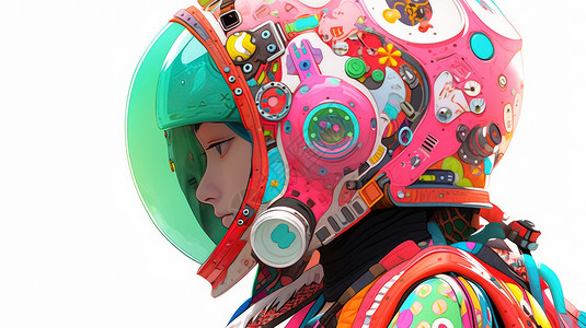 摩托车头像戴着粉色头盔的卡通人物特写插画