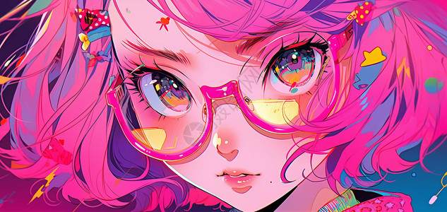 粉色短发戴眼镜的卡通女孩图片