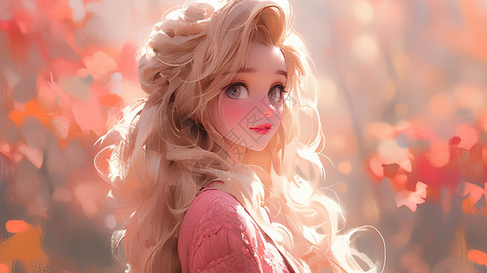漂亮的芭比娃娃秋天金色长发漂亮的卡通女孩在森林中插画