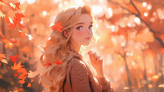 在森林中阳光下站在枫叶林中的卡通女孩背景图片