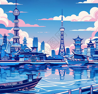 埃菲尔铁塔线条蓝色调时尚现代的卡通城市插画
