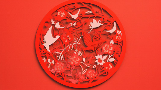 卡通剪纸鸟红色背景上喜庆的红色卡通剪纸图案插画